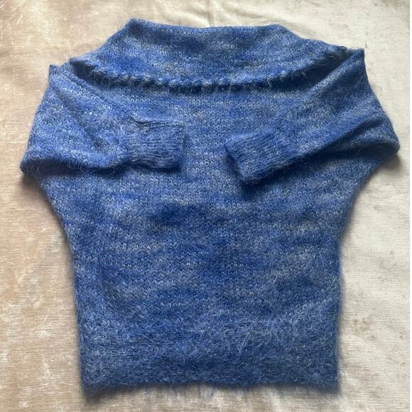 Vintage Mohair Wool Sweater blue collared Bohemian fuzzy warm bat wing sleeve - Picture 9 of 16